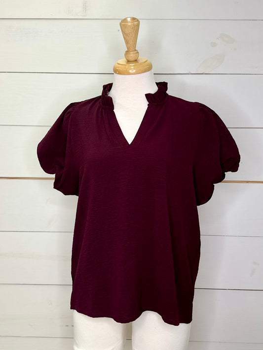 EGGPLANT FRILL PUFF BLOUSE
