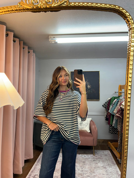 NAVY/MAGENTA STRIPED OVERSIZED TOP