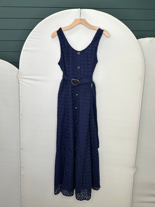 NAVY LACE BELTED MAXI DRESS