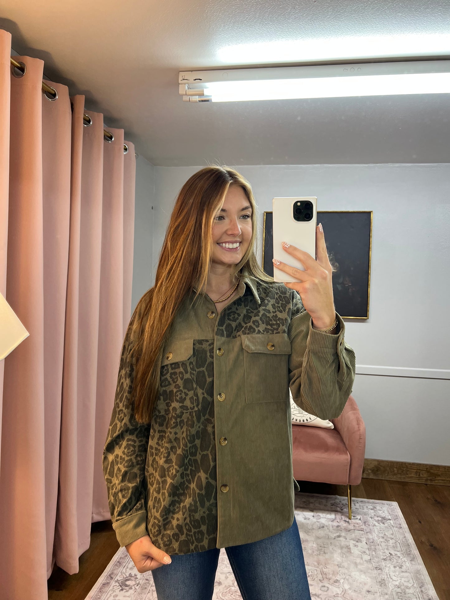 OLIVE GREEN CORDUROY LEOPARD BUTTON UP