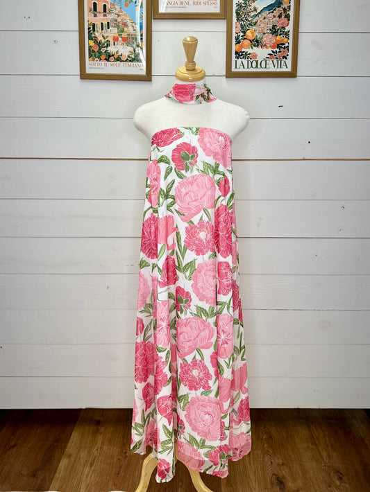 PINK FLORAL STRAPLESS SCARF DRESS