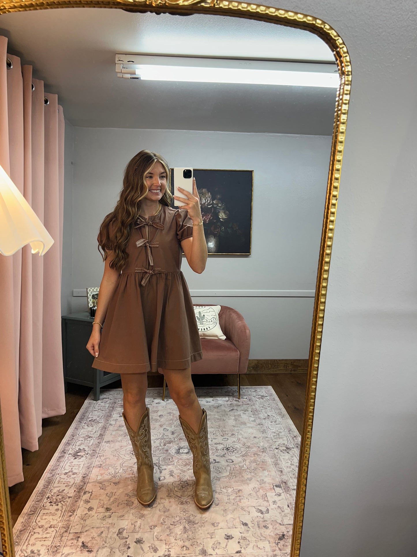 BROWN PUFF SLEEVE BOW DRESS
