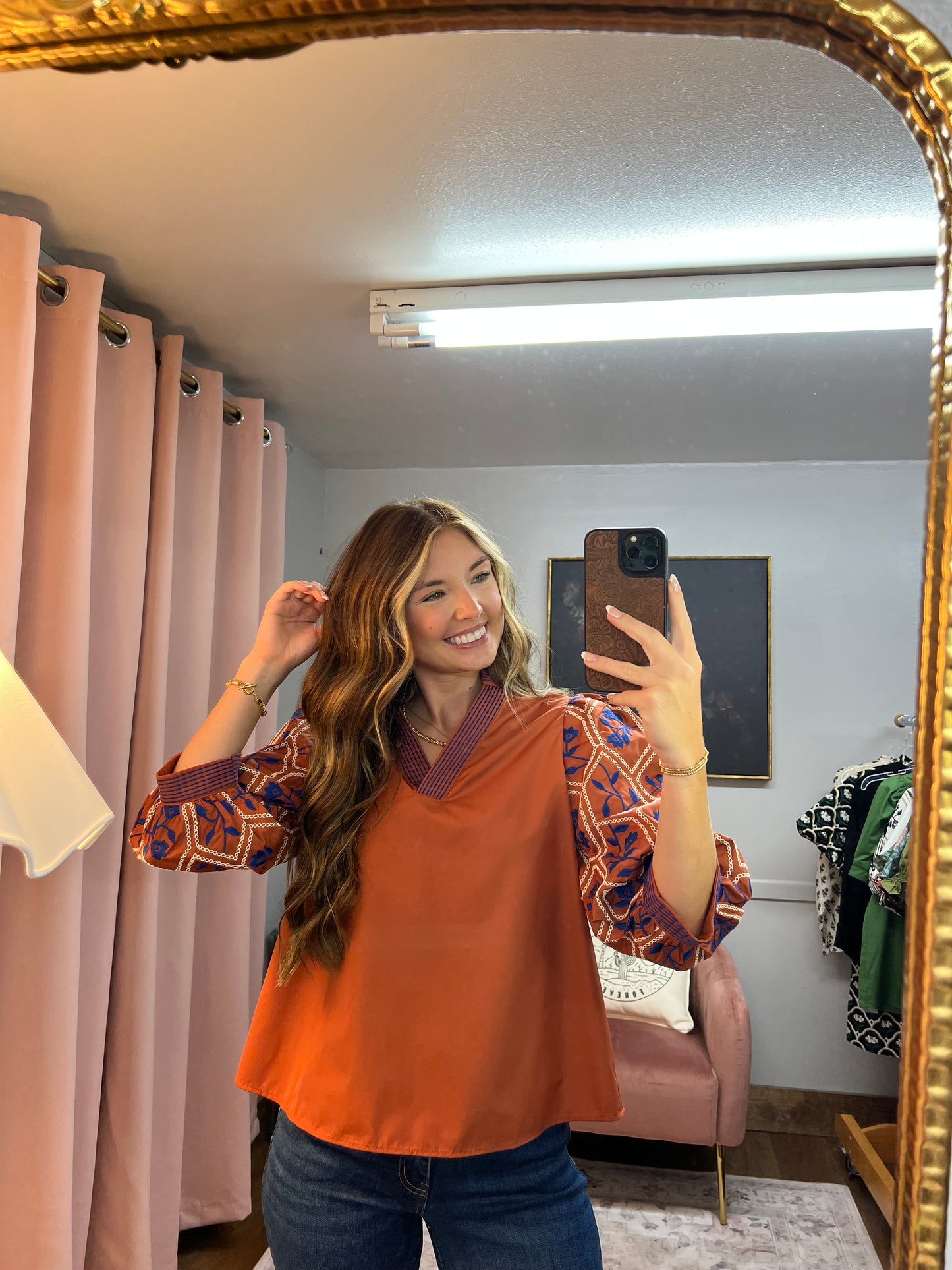 RUST/ROYAL BLUE EMBROIDERED 3/4 SLEEVE BLOUSE