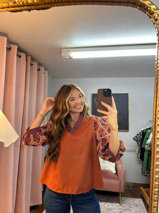 RUST/ROYAL BLUE EMBROIDERED 3/4 SLEEVE BLOUSE