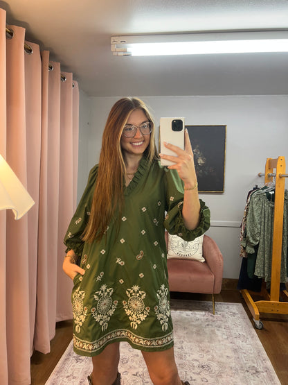 OLIVE FLORAL EMBROIDERED DRESS