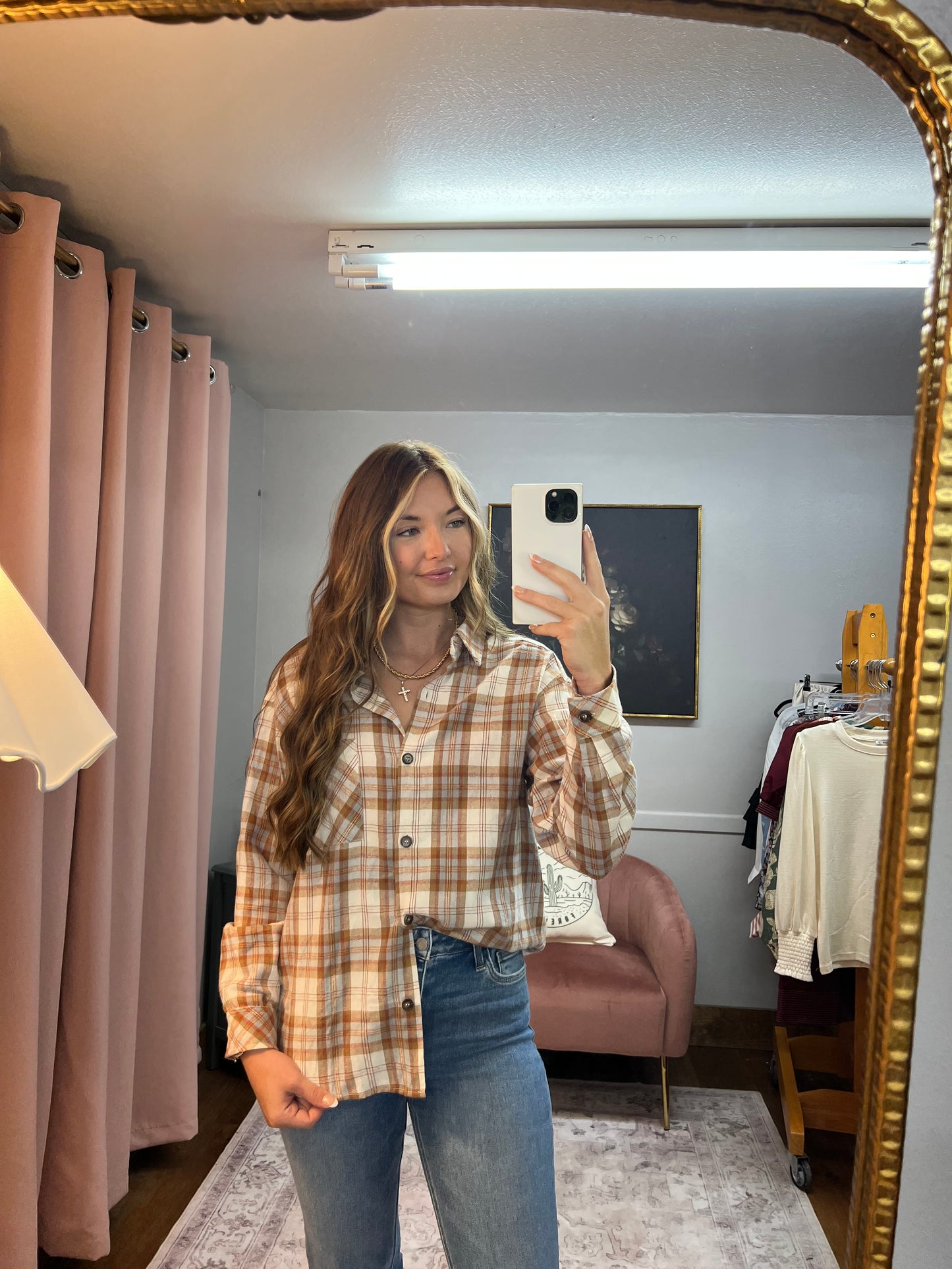 CAMEL PLAID BUTTON UP