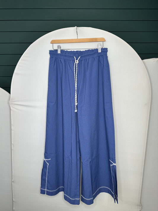 NAVY LINEN CORD TIE PANTS