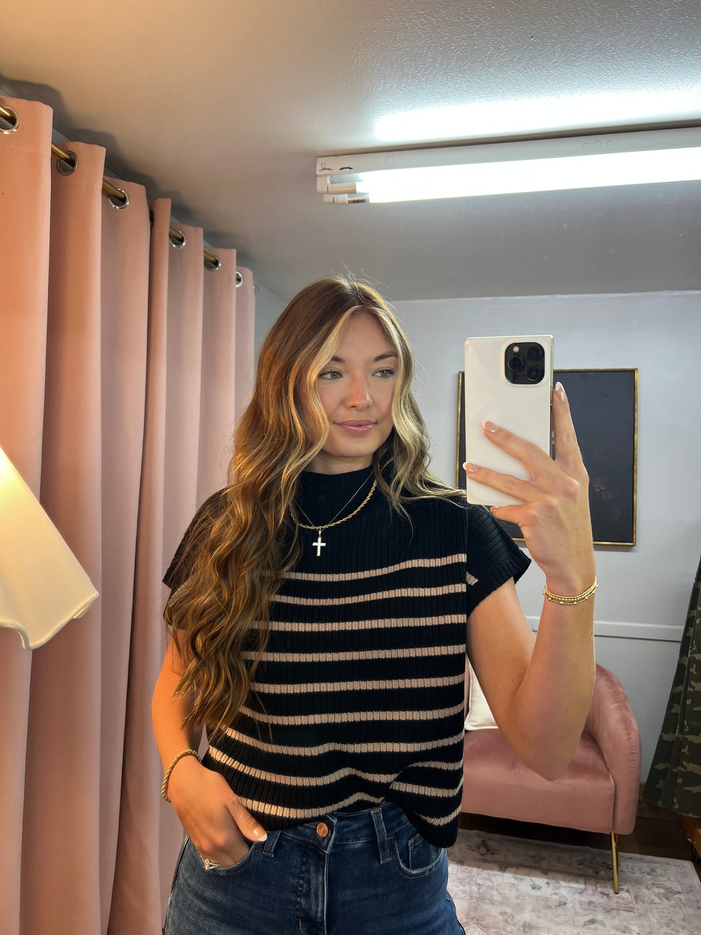 BLACK/BEIGE STRIPE SWEATER TOP