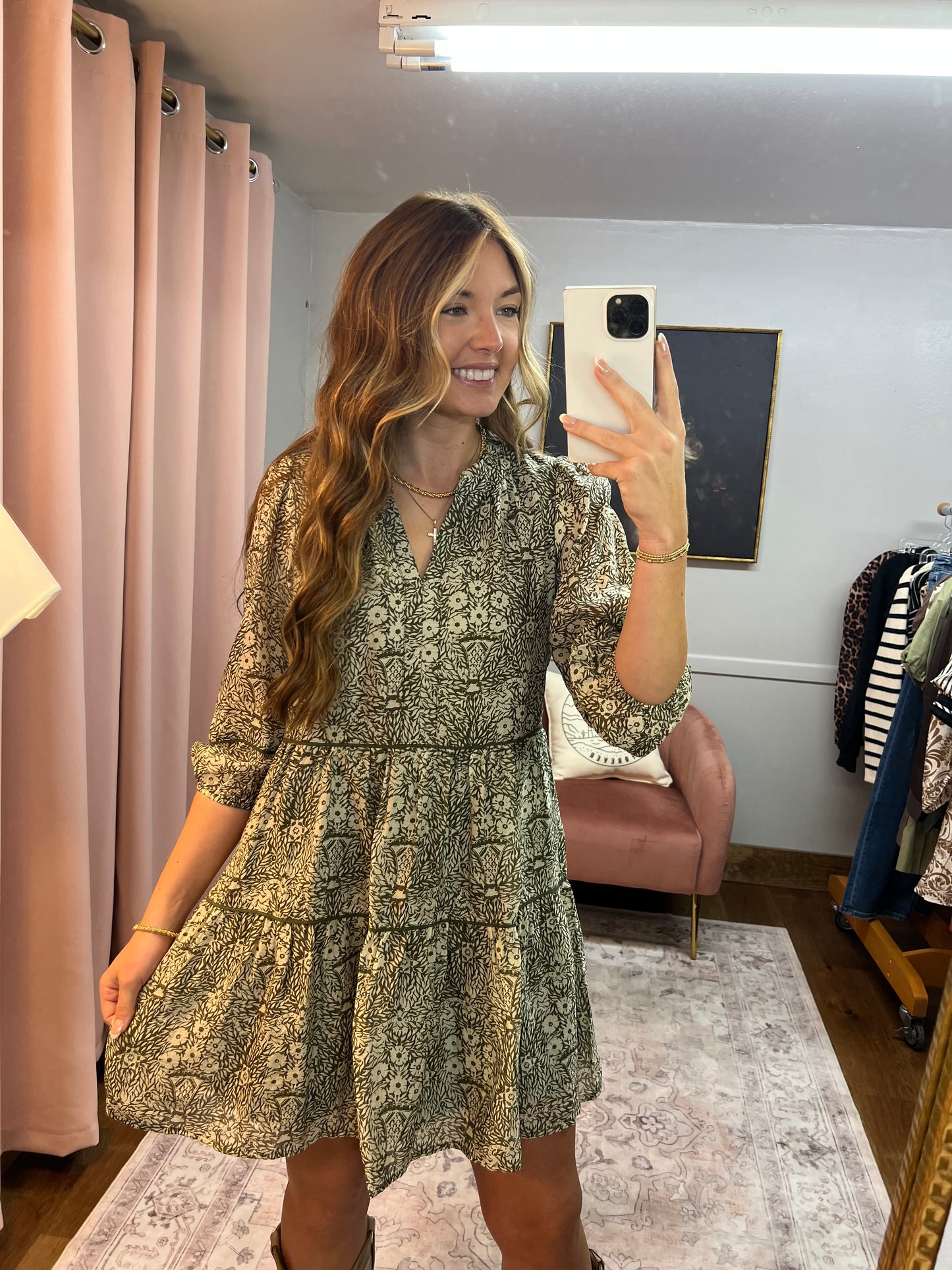 OLIVE/CREAM FLORAL DRESS