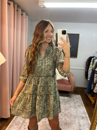 OLIVE/CREAM FLORAL DRESS