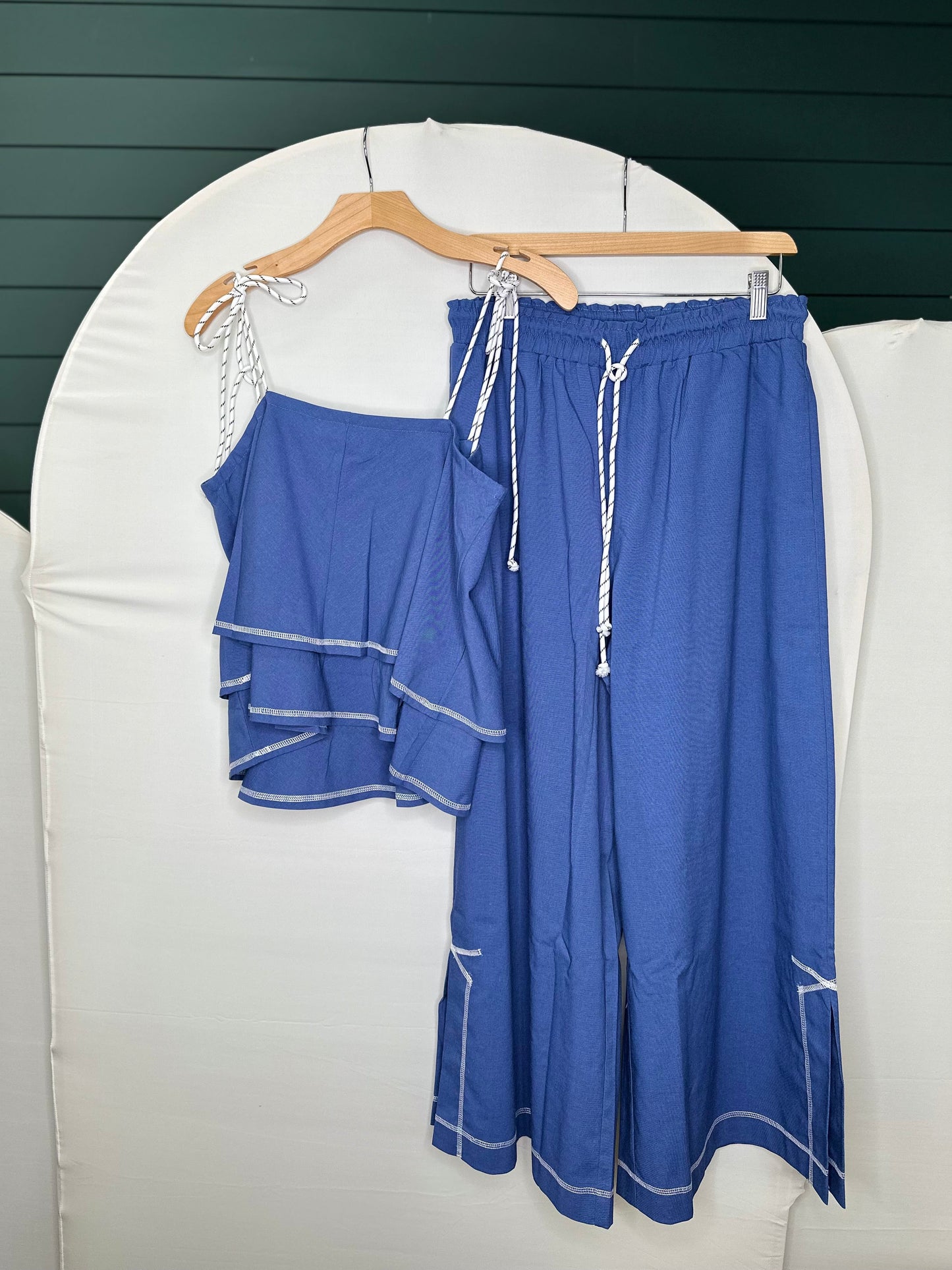 NAVY LINEN CORD TIE PANTS