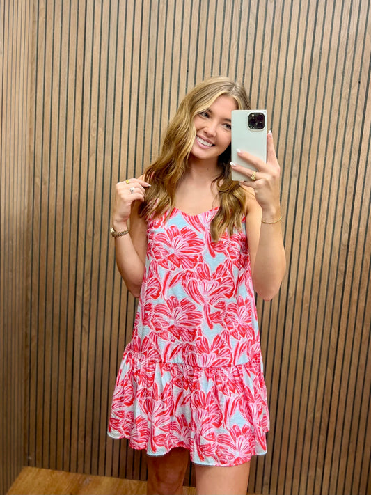 RED/BABY BLUE FLORAL MINI DRESS