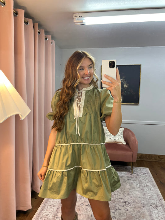 SAGE PUFF TIERED DRESS