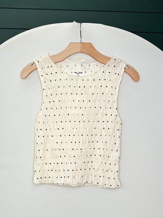 Smocked ivory/black polkadot tank