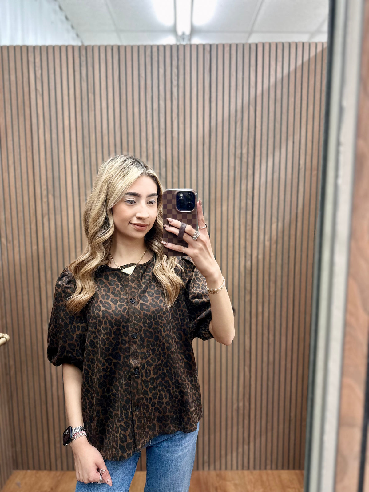 BROWN LEOPARD BUTTON UP KNIT TOP
