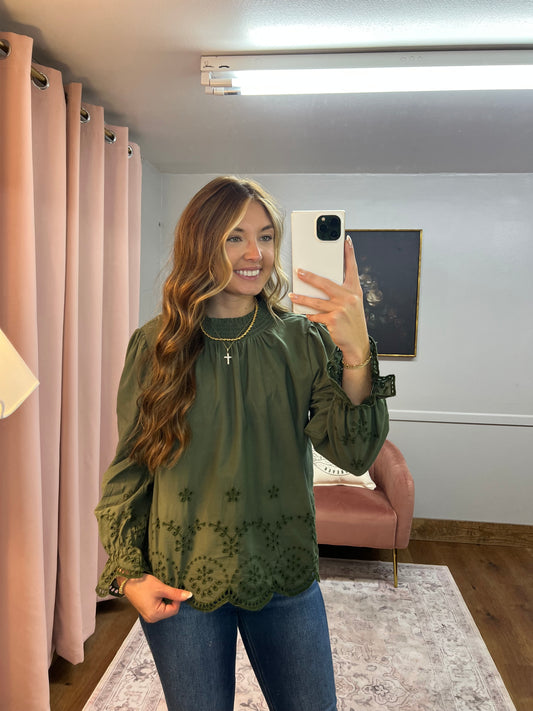 OLIVE GREEN EYELET LONG SLEEVE BLOUSE