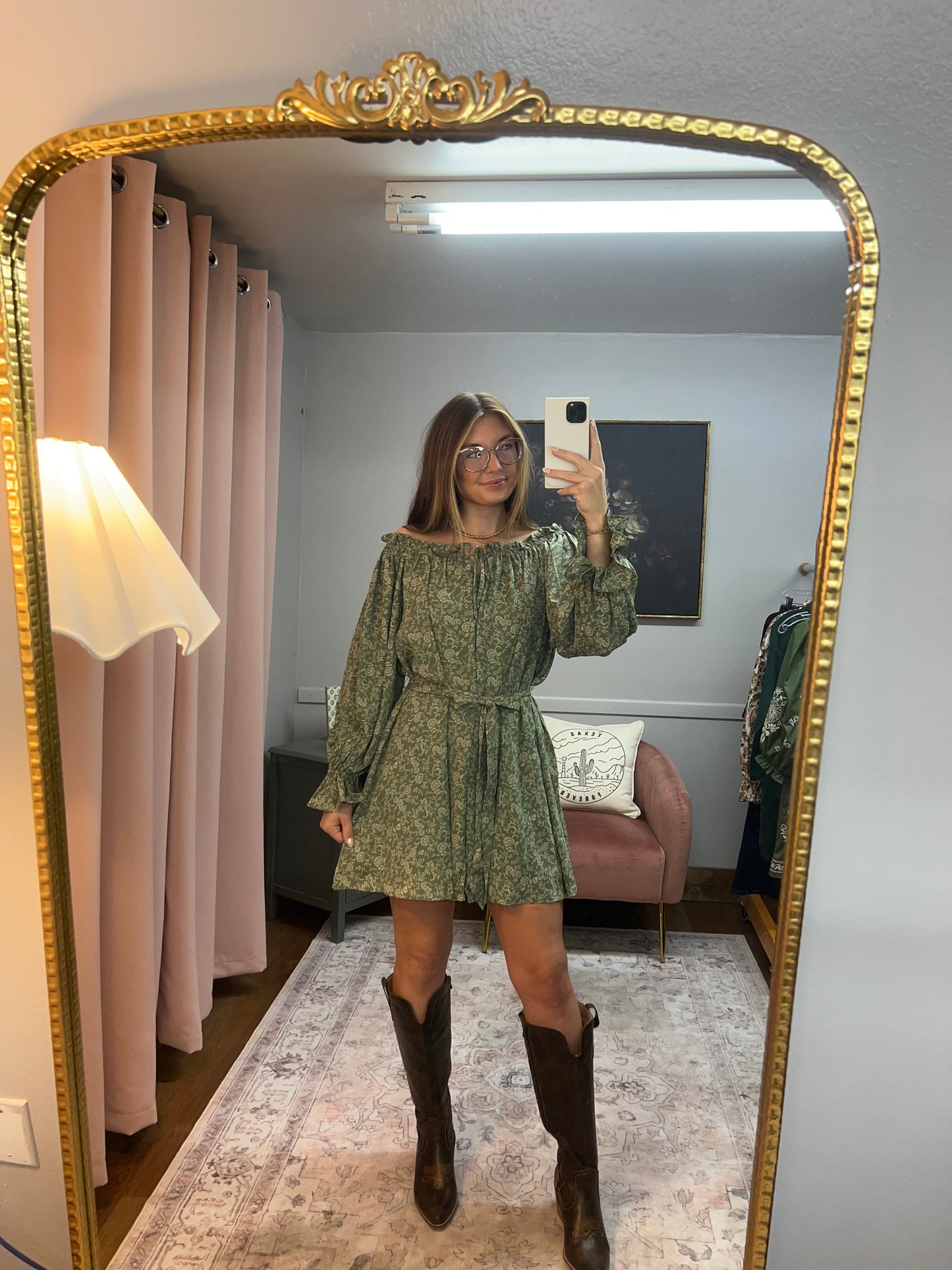 SAGE/CREAM FLORAL OFF SHOULDER DRESS