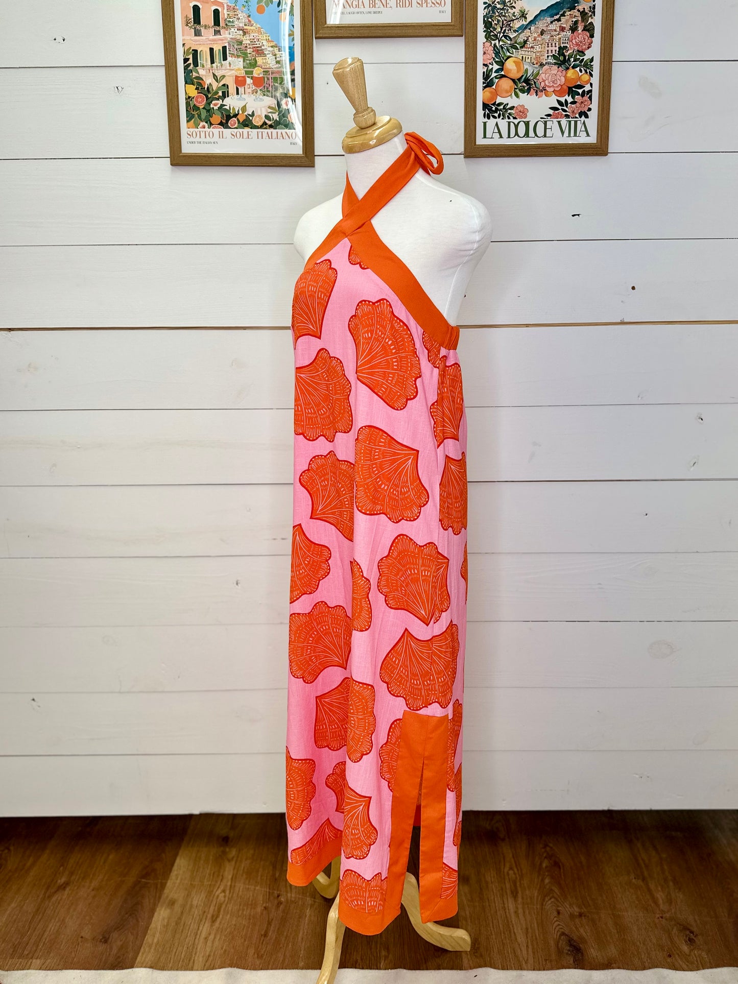 PINK/ORANGE SHELL HALTER MAXI DRESS