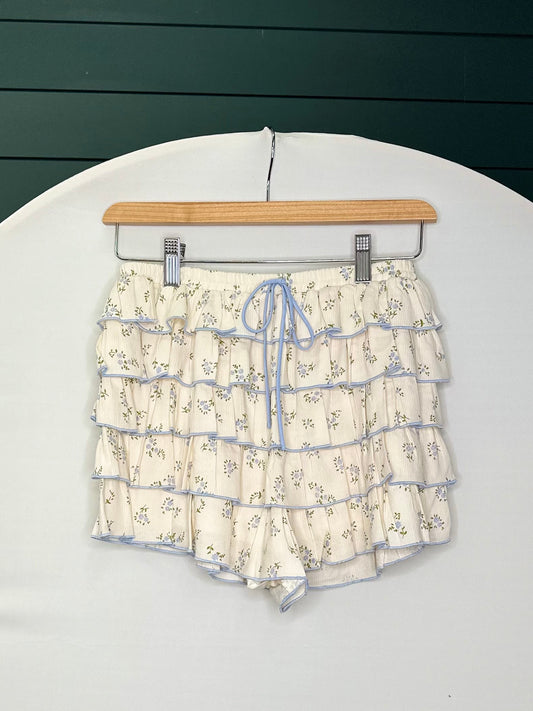 IVORY/BLUE FLORAL RUFFLE SKIRT