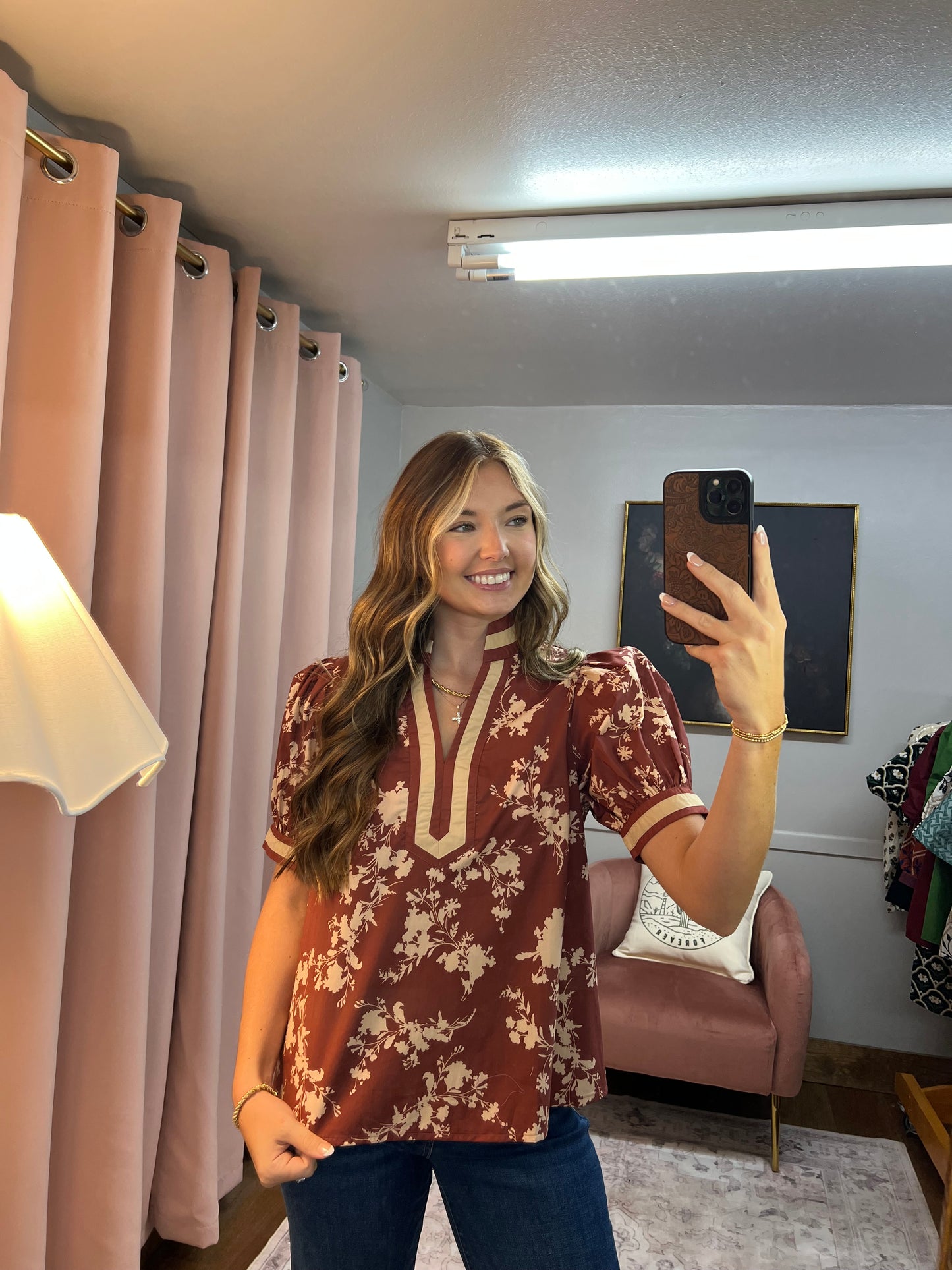 RED BEAN BEIGE FLORAL BLOUSE