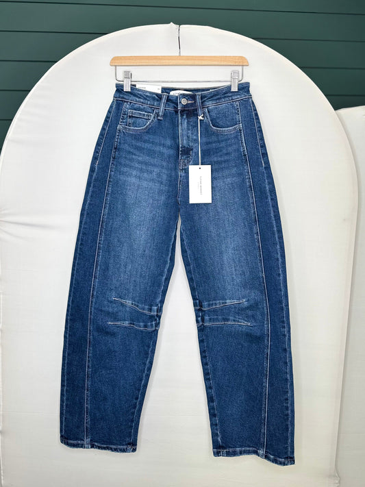 DARK WASH HR BARREL FLYING MONKEY PANT