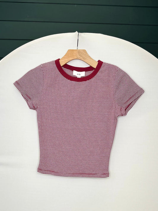 BURGUNDY STRIPE SHORT SLEEVE TOP