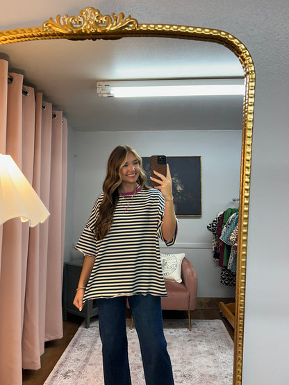 NAVY/MAGENTA STRIPED OVERSIZED TOP