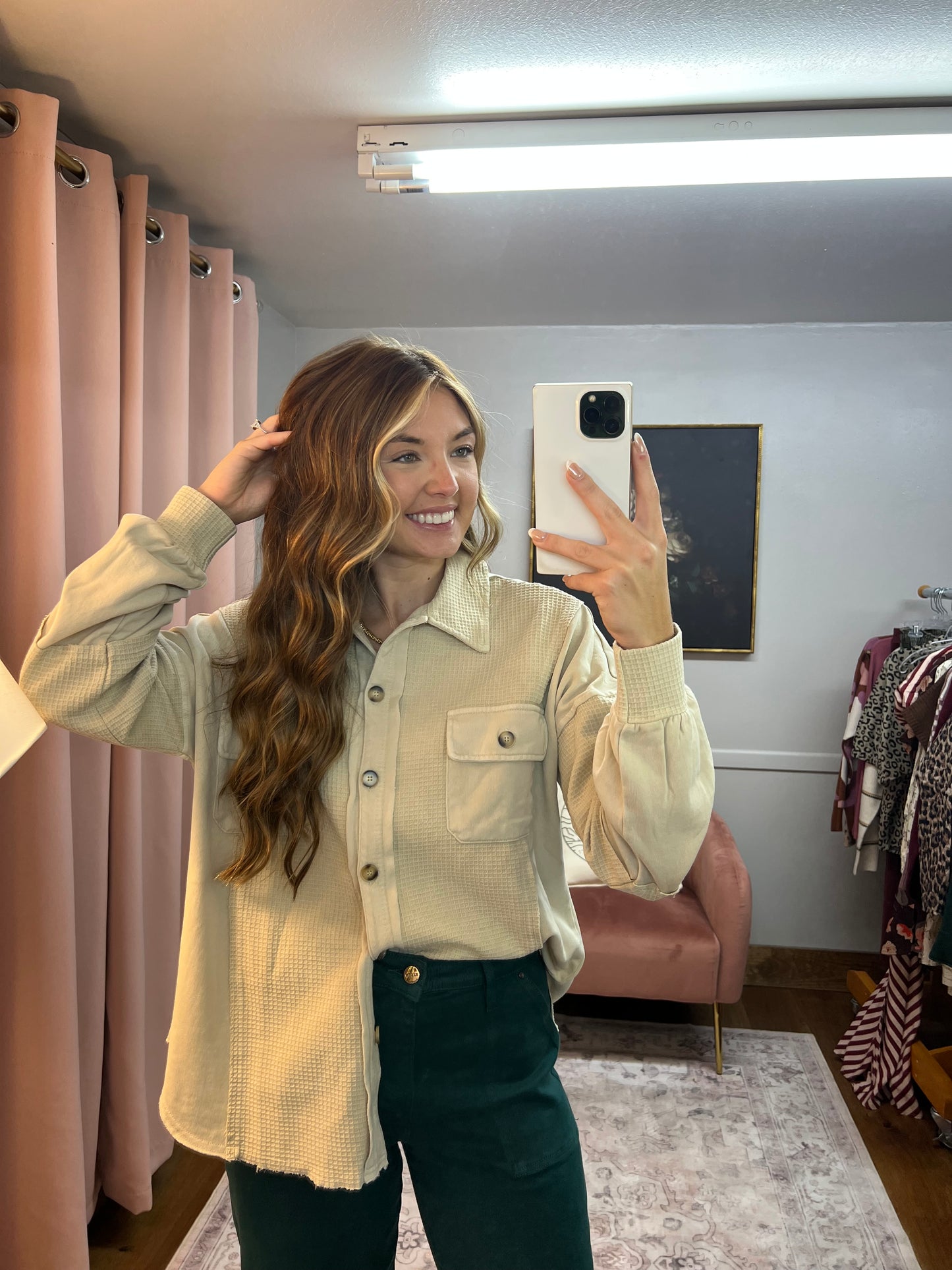 BEIGE WAFFLE BUTTON UP