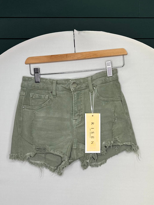 OLIVE MR SHORT LS FRAYED HEM RISEN