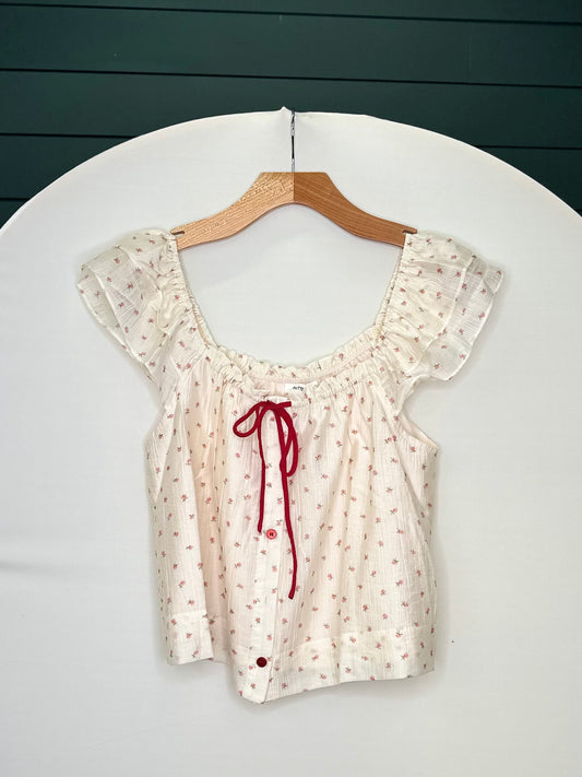 IVORY/RED TIE FRONT BLOUSE