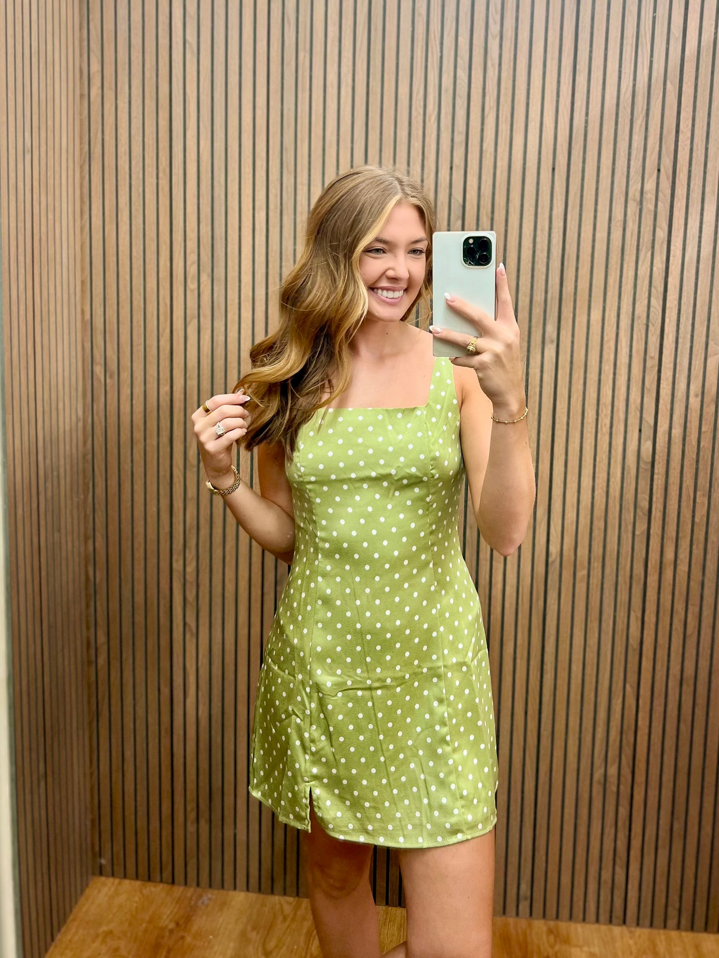 LT GREEN/WHITE DOT SLEEVE MINI DRESS