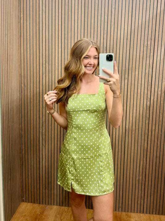 LT GREEN/WHITE DOT SLEEVE MINI DRESS
