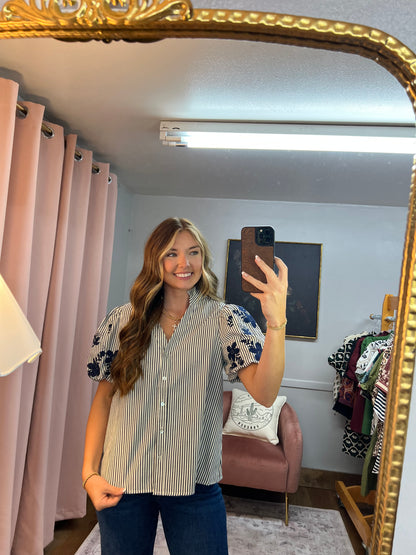 NAVY STRIPED BUTTON UP FLORAL EMBROIDERED BLOUSE