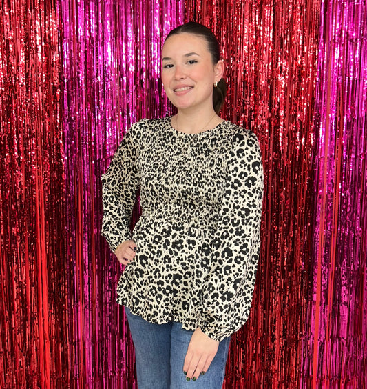 MARCI ECRUS/BLK BABYDOLL PRINT BLOUSE