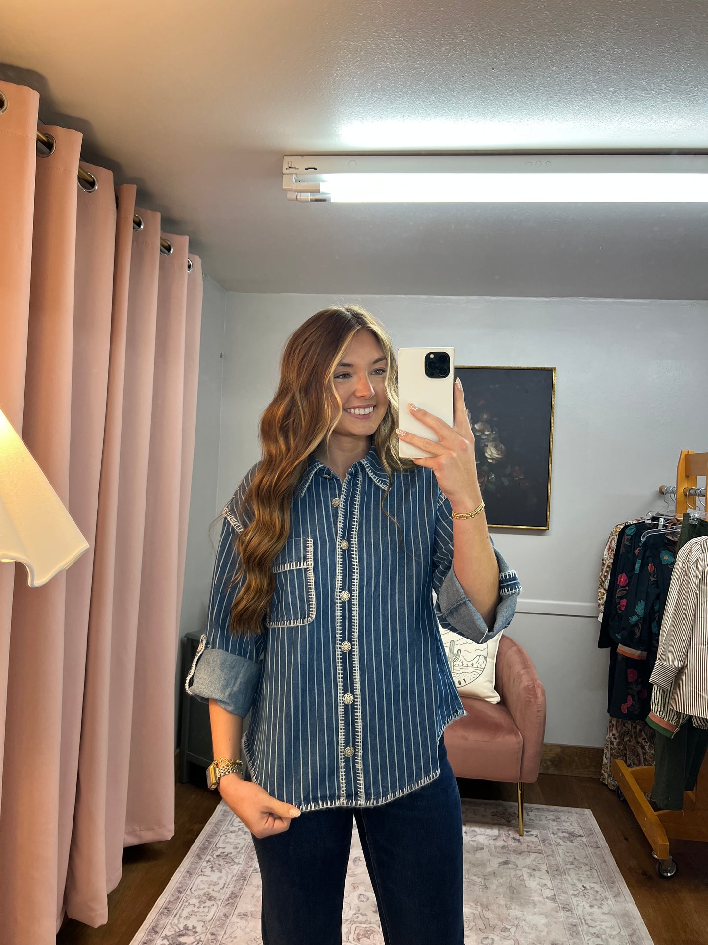 STRIPED DENIM SILVER BUTTON TOP