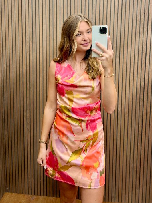 PEACH FLORAL MINI DRESS