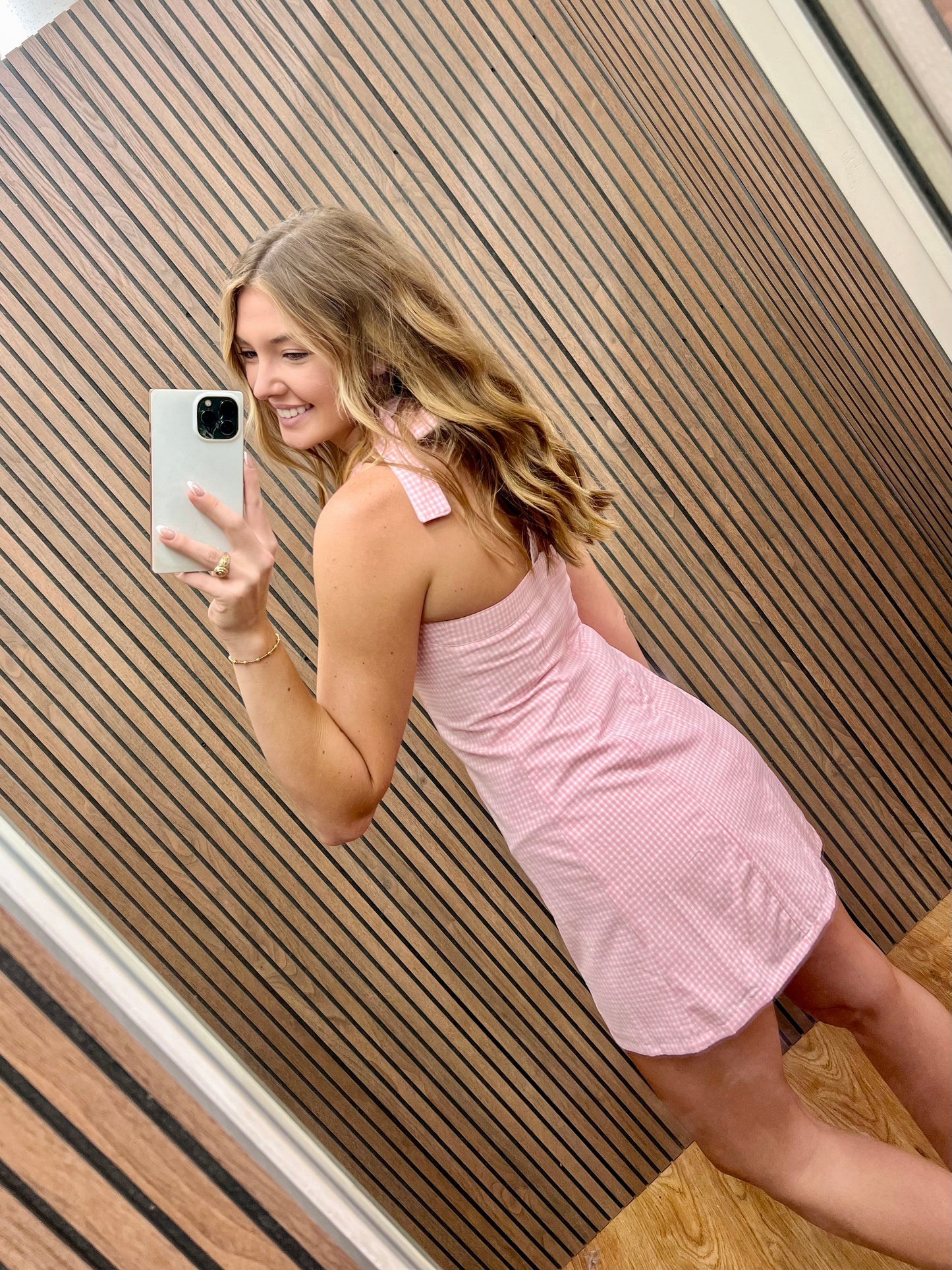 PINK GINGHAM HALTER MINI DRESS