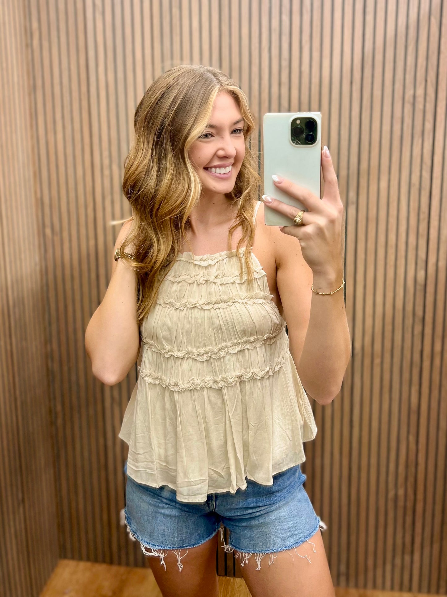 TAUPE FLOWY CAMI RUFFLE DETAIL TANK