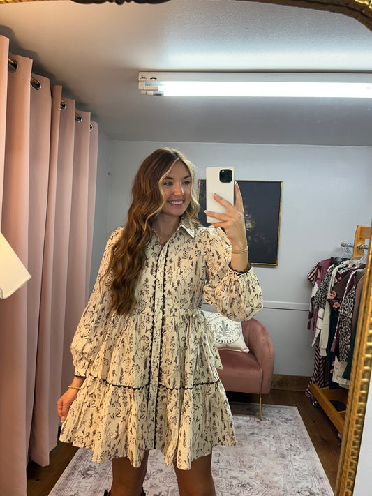 CREAM/BROWN FLORAL SHORT DRESS