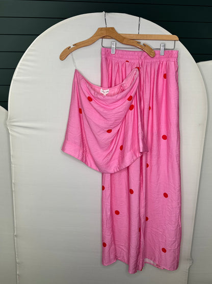 Pink/red polka dot strapless top