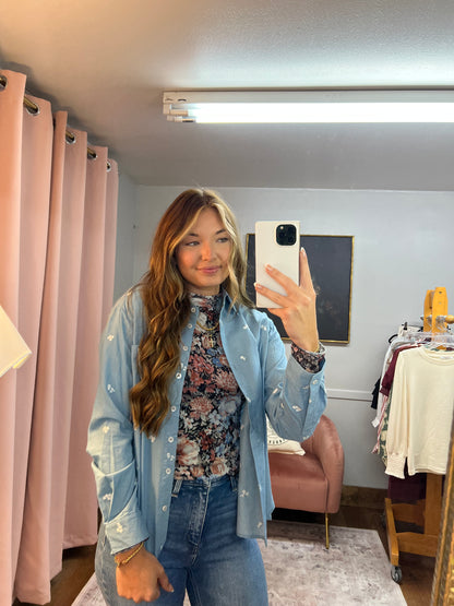 FLOWER EMBROIDERED DENIM BUTTON UP