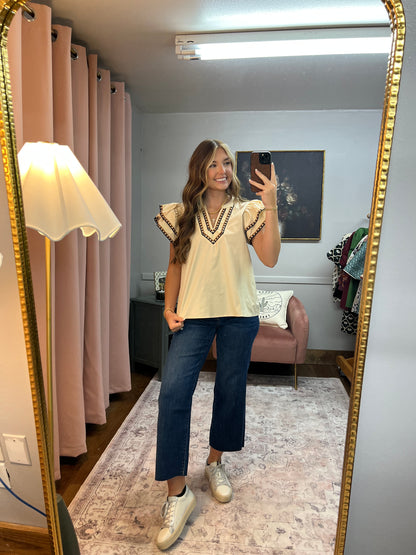 BROWN/BLACK EMBROIDERED TRIM BLOUSE