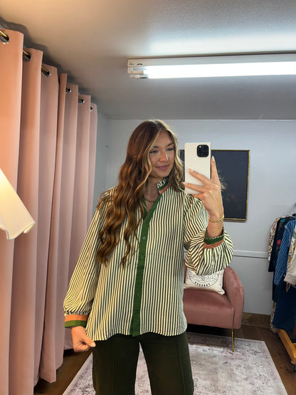 OLIVE STRIPED MAUVE TRIM LONG SLEEVE BLOUSE