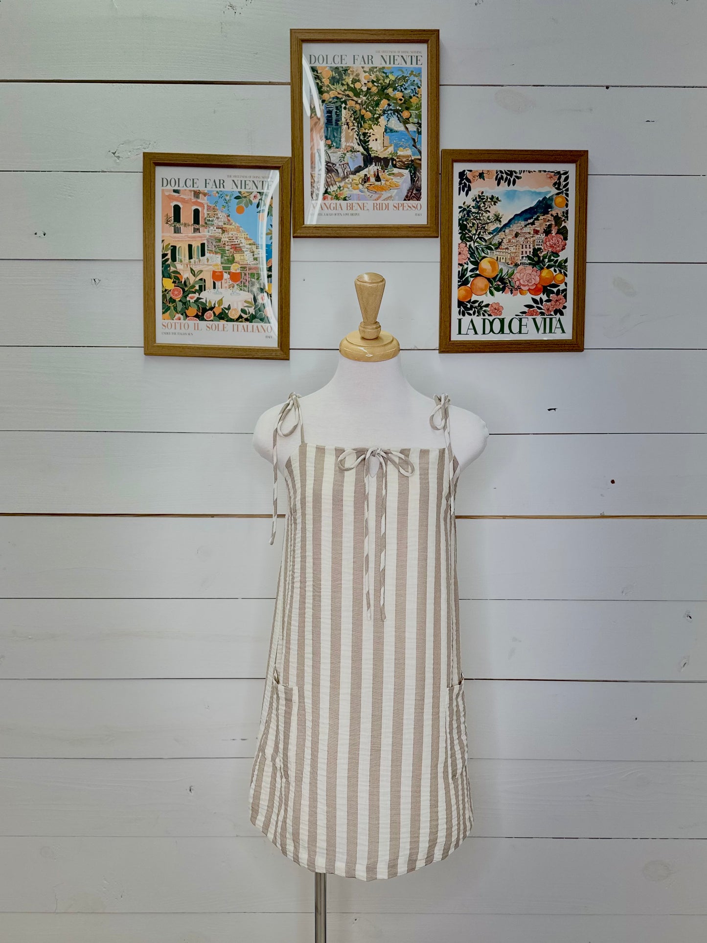 BEIGE STRIPE TOE STRAP MINI DRESS