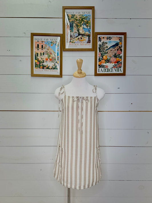 BEIGE STRIPE TOE STRAP MINI DRESS