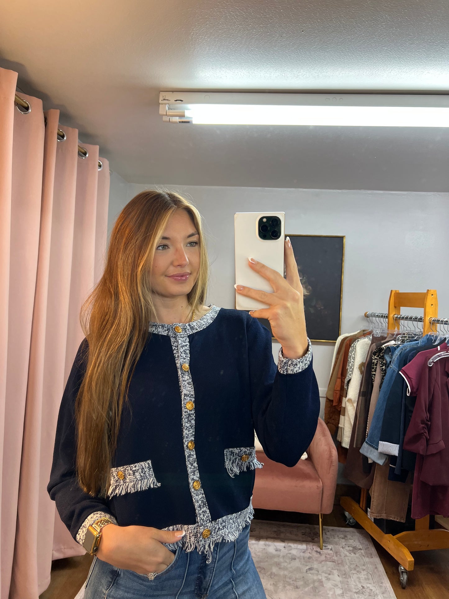 NAVY FRINGE POCKET CARDIGAN