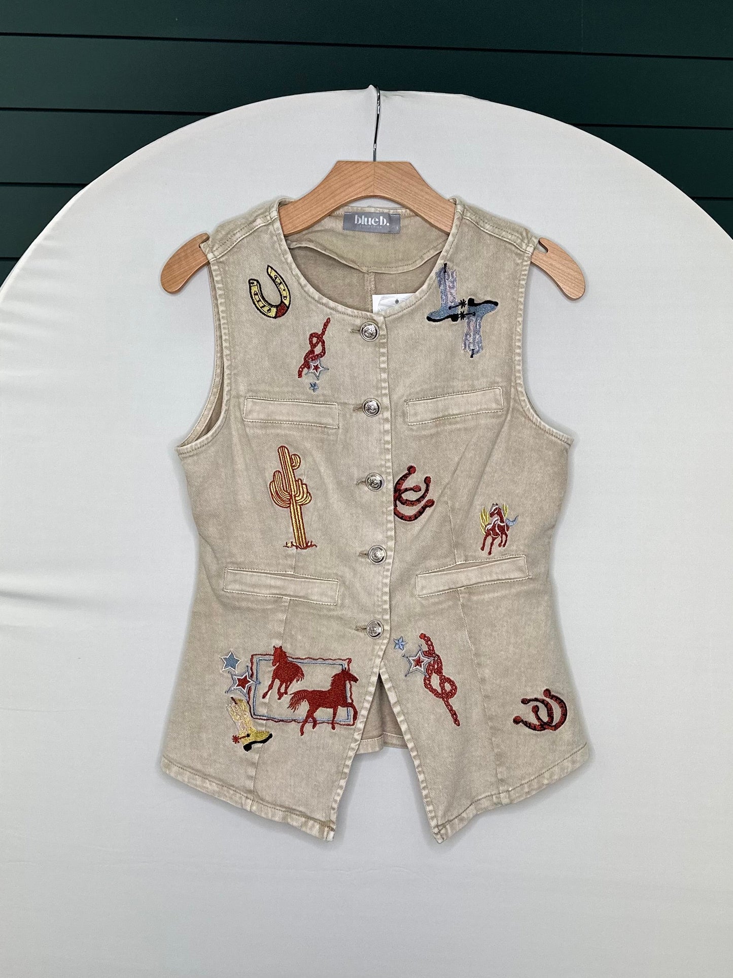 Sand western embroidered denim vest