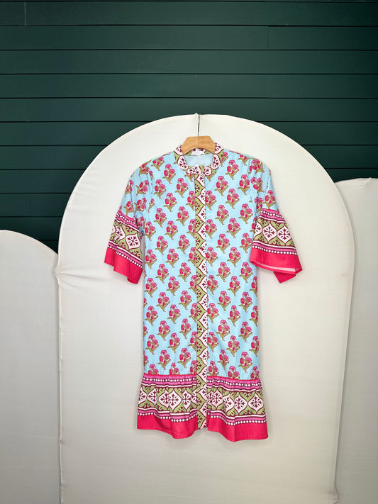 Multi floral belle sleeve dress