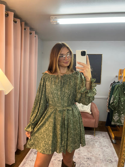 SAGE/CREAM FLORAL OFF SHOULDER DRESS