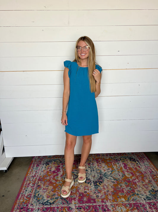 LINDSEY RUFFLE SLEEVE DRESS PEACOCK